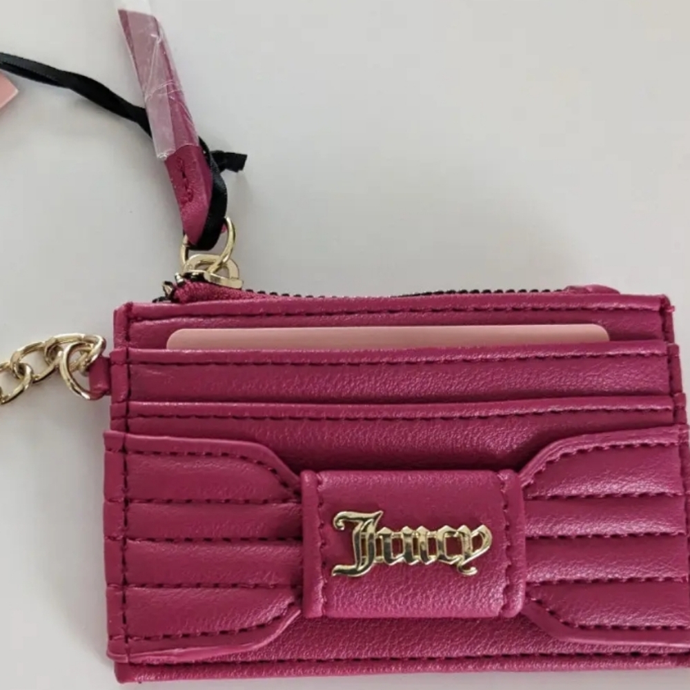 💕NWT Juicy Couture PRETTY BOW CARD CASE w/Heart Key Chain Logo RASPBERRY